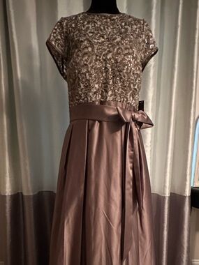 Xscape Satin Taupe Evening Dress with Embellished Bodice